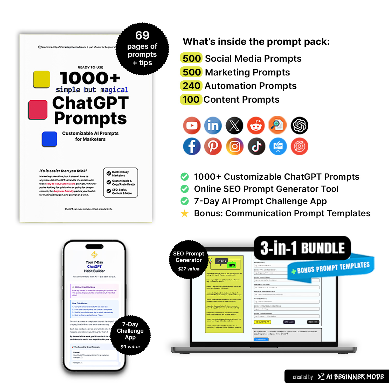 ChatGPT 3-in-1 Prompt Pack for Marketers | 1000+ AI Prompts