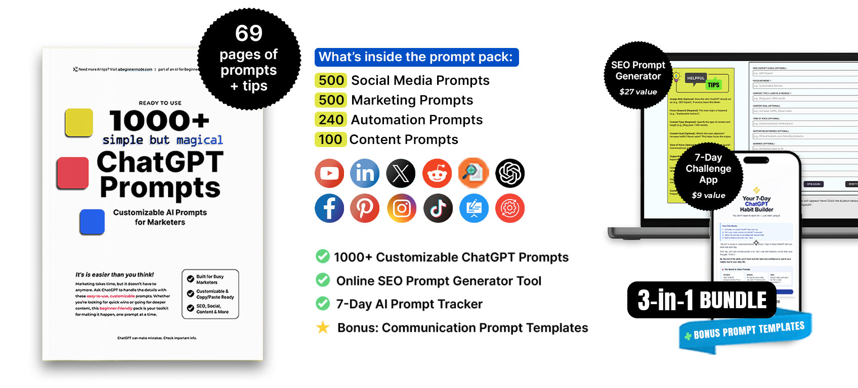 ChatGPT 3-in-1 Prompt Pack for Marketers | 1000+ AI Prompts